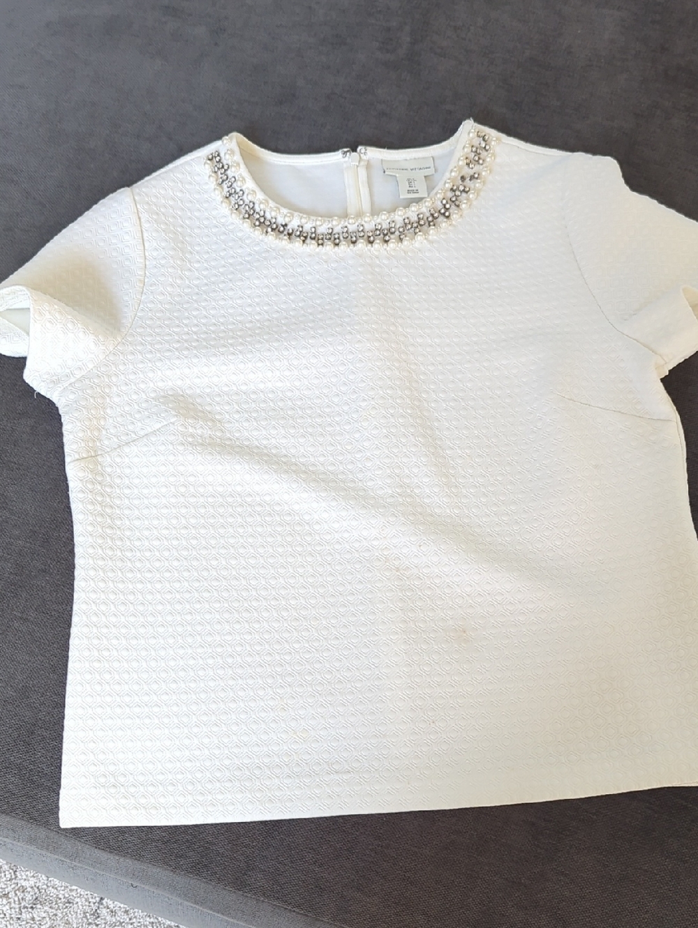 Adrienne Vittadini White Textured Short-Sleeve Top with Beaded Neckline